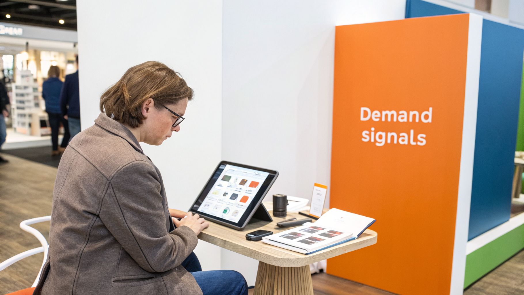 A person with glasses is focused on a tablet displaying products, with a 'Demand signals' sign nearby.