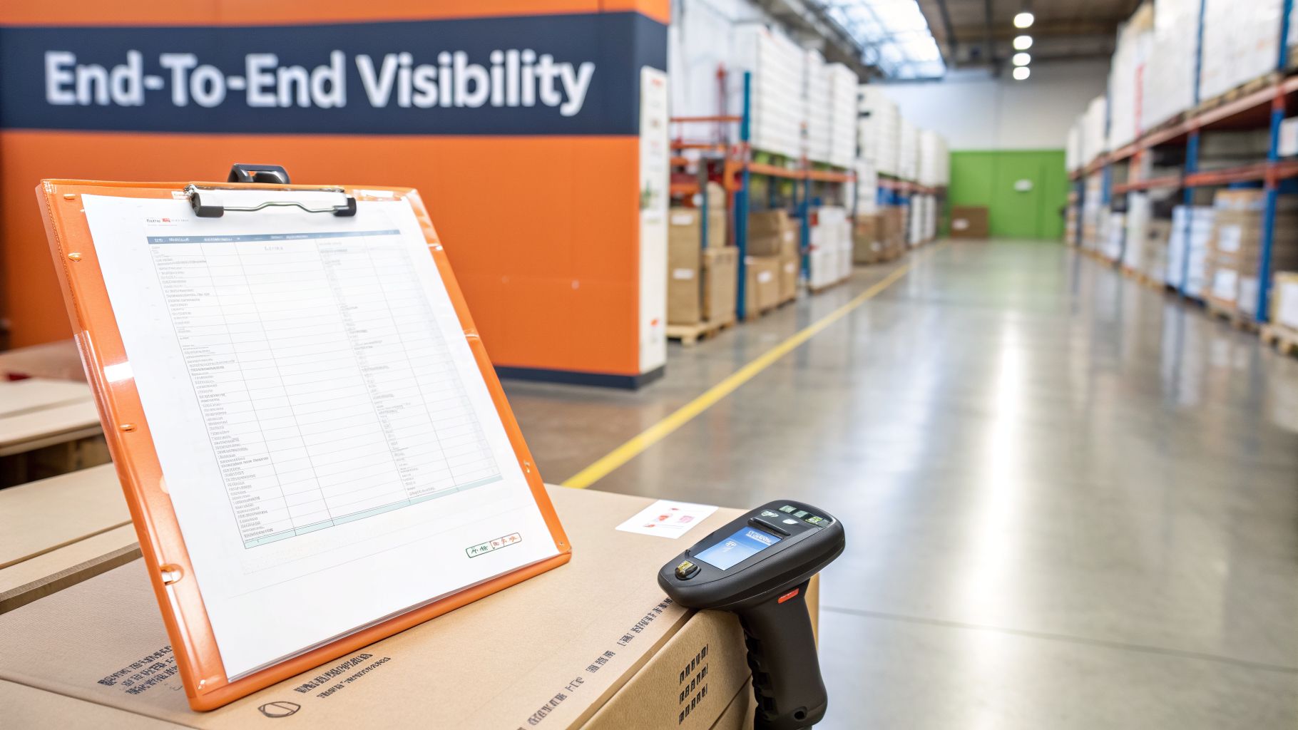 A logistics warehouse with a clipboard, handheld scanner, and 'End-To-End Visibility' on the wall.