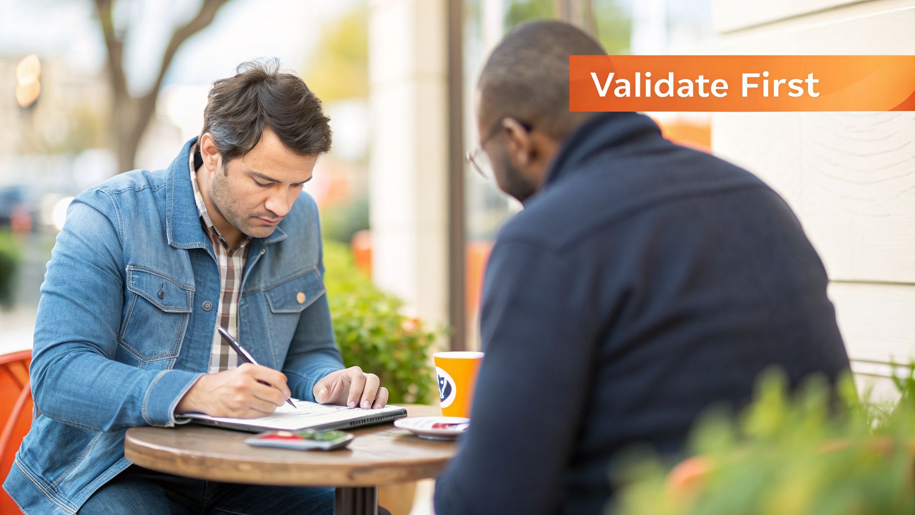 Two men discuss at an outdoor cafe table, one writing notes. An orange banner reads 'Validate First'.