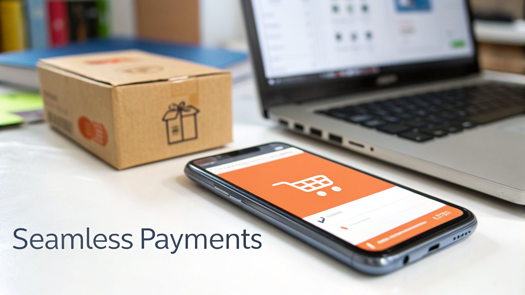 Smartphone displaying a shopping cart app next to a delivery box and laptop, illustrating seamless online payments and e-commerce.