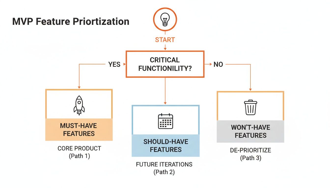 Flowchart showing MVP feature prioritization into must-have, should-have, and won't-have categories.