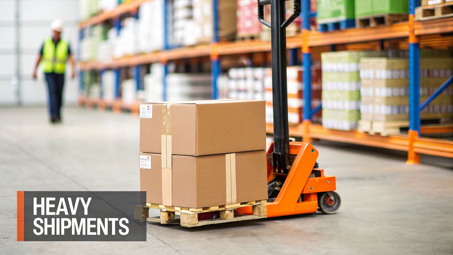 A pallet jack loaded with cardboard boxes in a busy warehouse with a worker in the background.