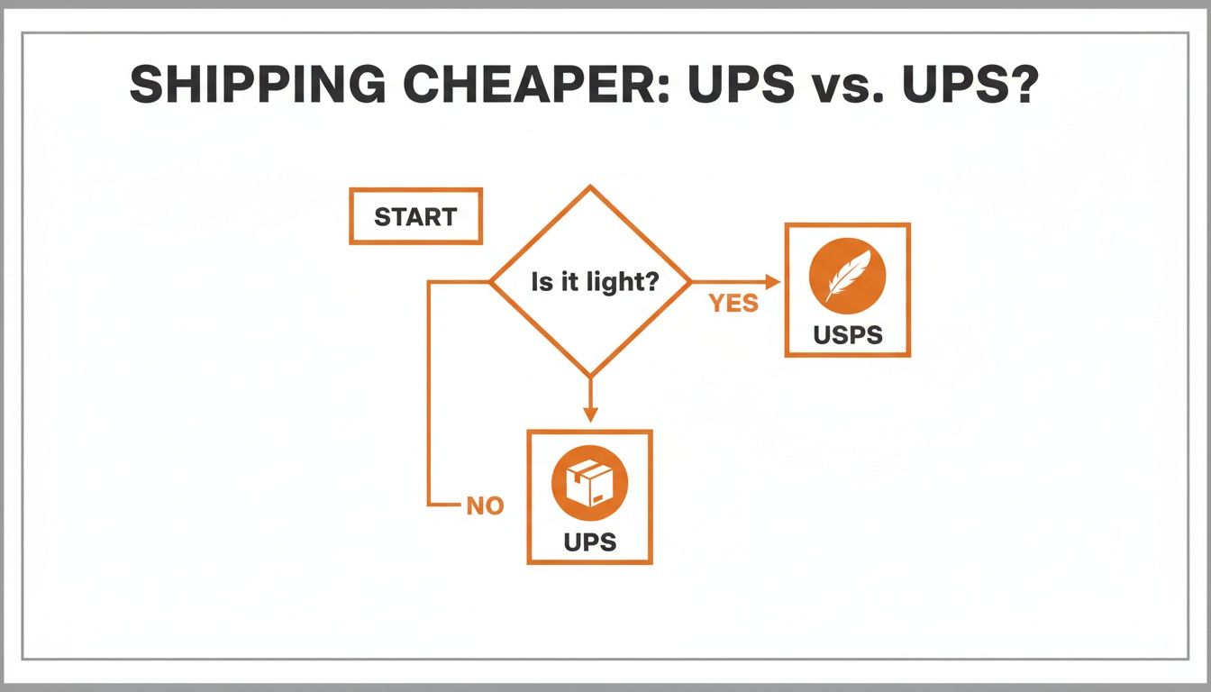 Flowchart comparing shipping costs between UPS and USPS, suggesting USPS for light items.