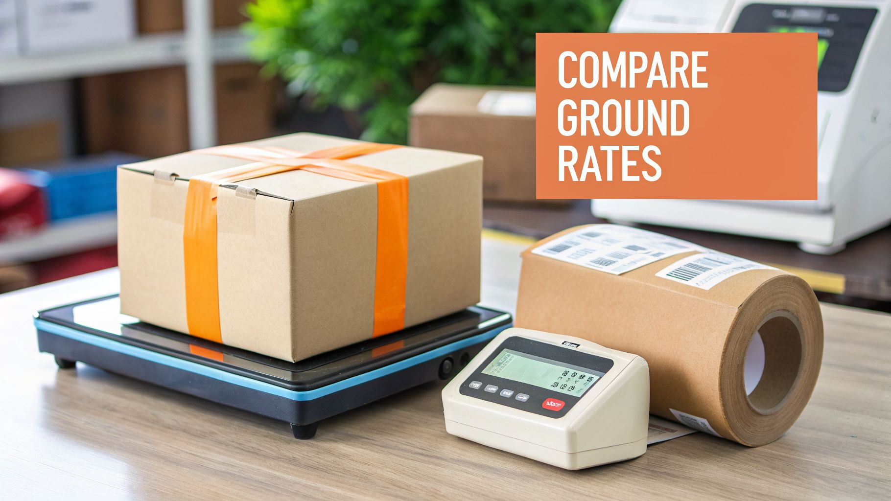 A cardboard box on a digital scale with shipping supplies and a text overlay 'COMPARE GROUND RATES'.