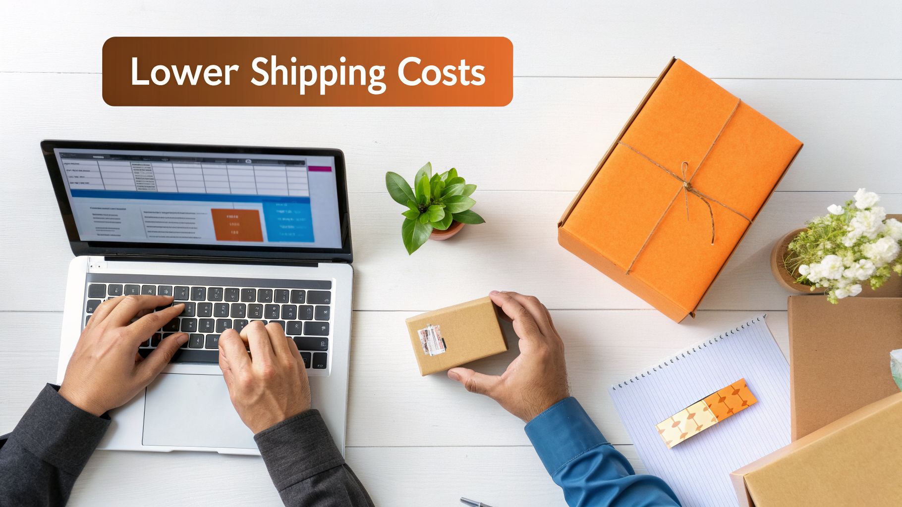 Overhead view of a person using a laptop, surrounded by shipping boxes, aiming for lower costs.