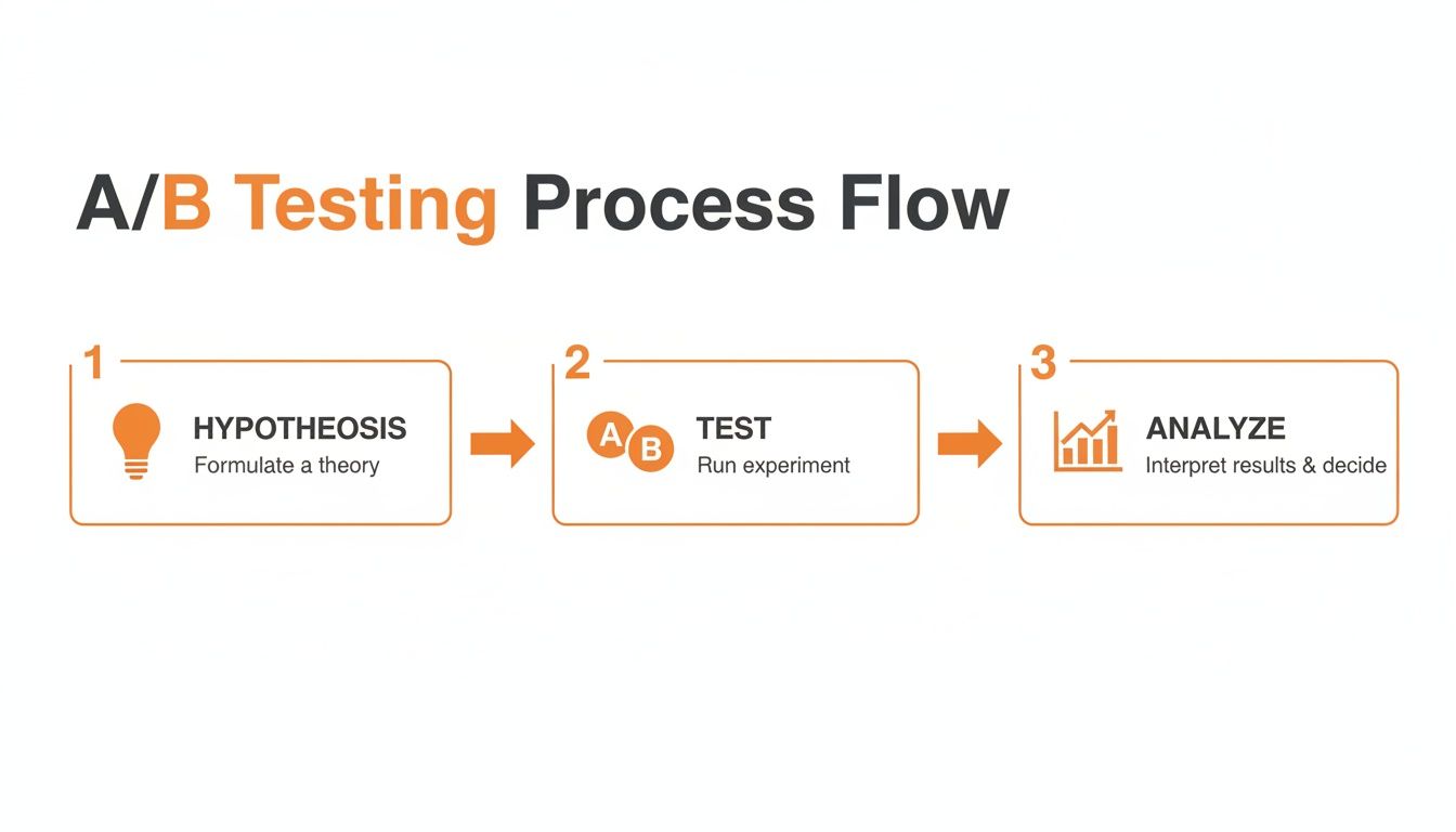 A/B testing process flow infographic detailing steps: hypothesis, test experiment, and results analysis.