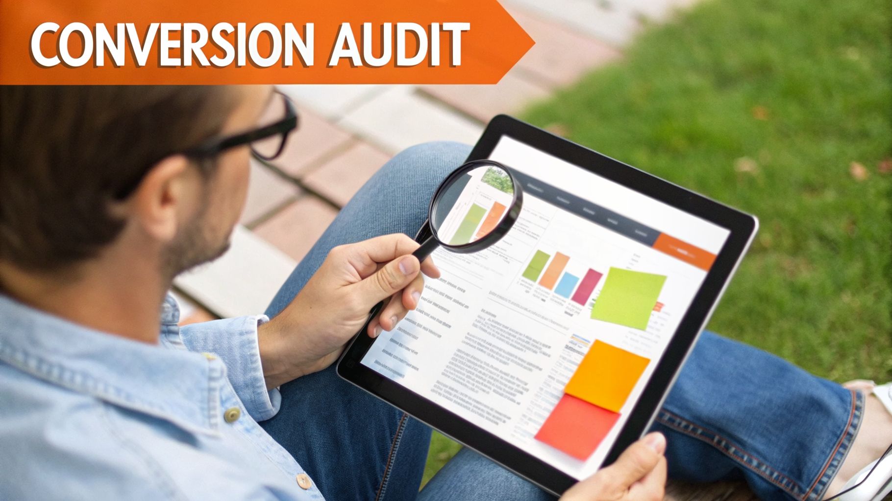 Man auditing conversion data on a tablet with a magnifying glass outdoors, titled 'Conversion Audit'.