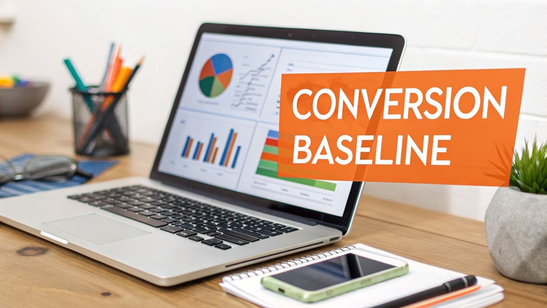 Laptop displaying 'CONVERSION BASELINE' over charts and graphs on a wooden desk.