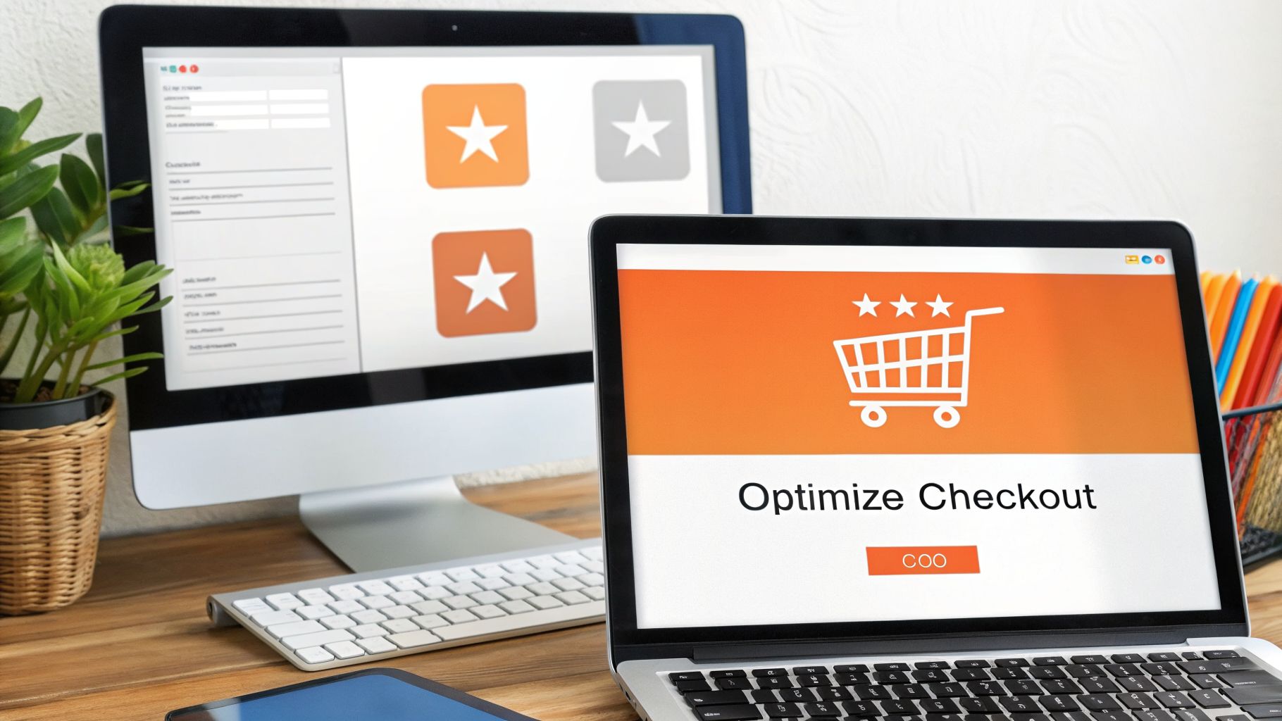 A laptop screen displaying 'Optimize Checkout' with a shopping cart icon, alongside a desktop monitor.