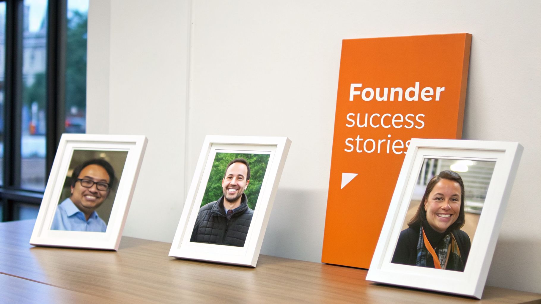 Three framed photos of smiling founders on a table next to an orange 'Founder success stories' sign.