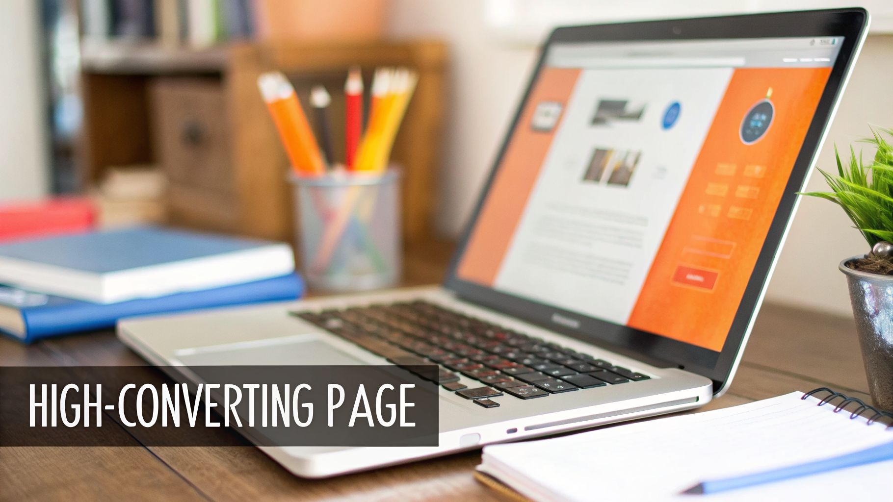 A laptop displaying a high-converting web page on a wooden desk with office supplies and books.