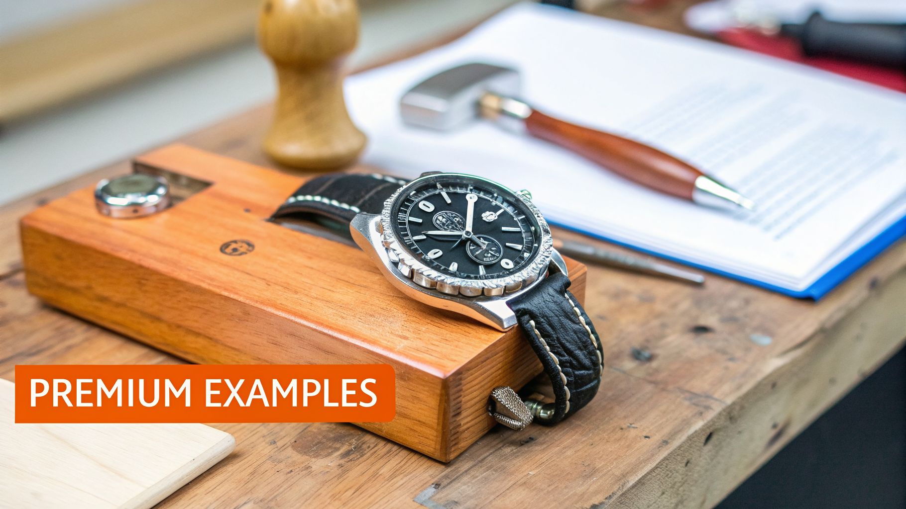 A sophisticated chronograph watch with a black dial and leather strap displayed on a wooden stand.