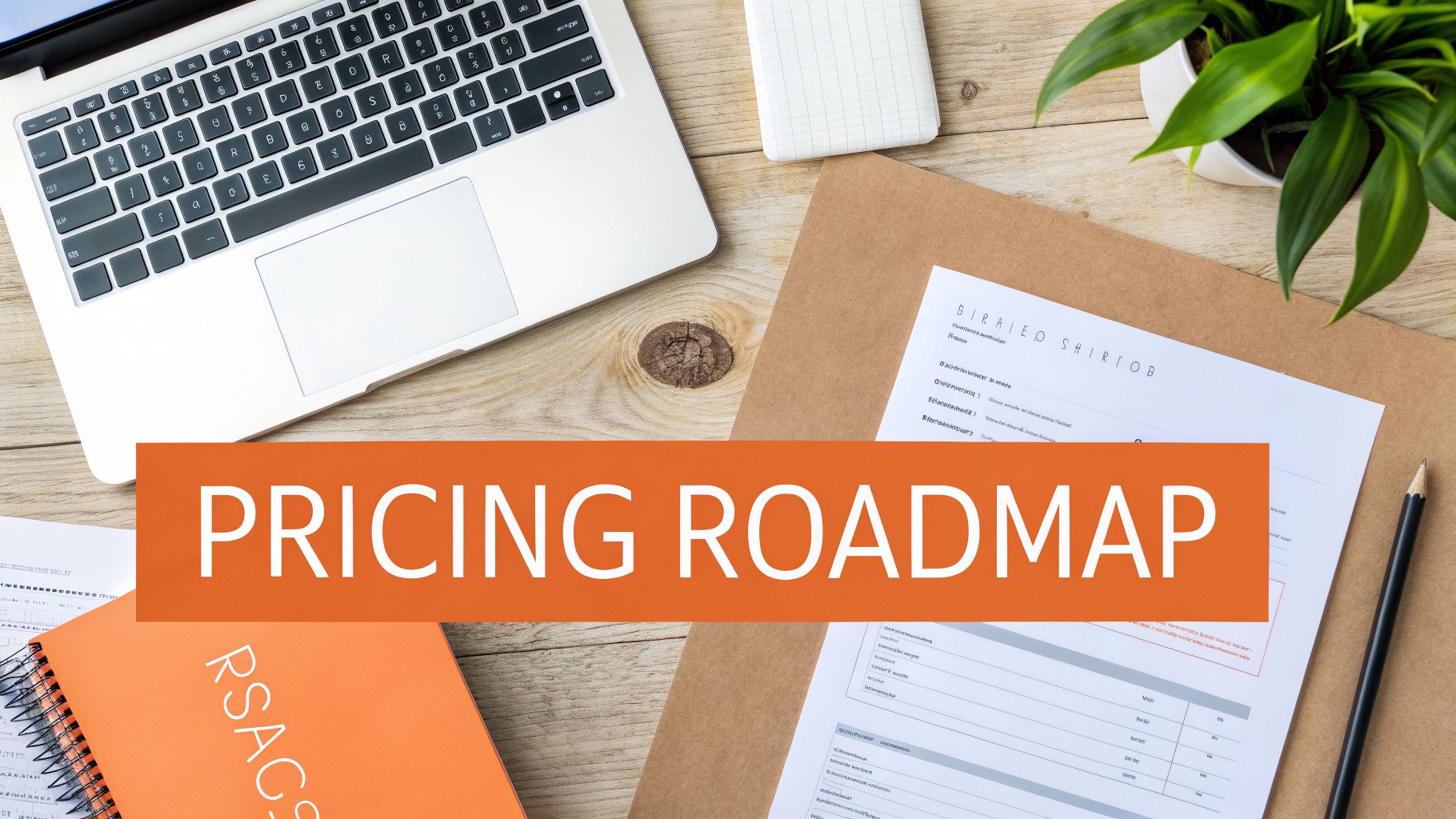 Flat lay of a desk with a laptop, documents, a plant, and a prominent 'PRICING ROADMAP' banner.