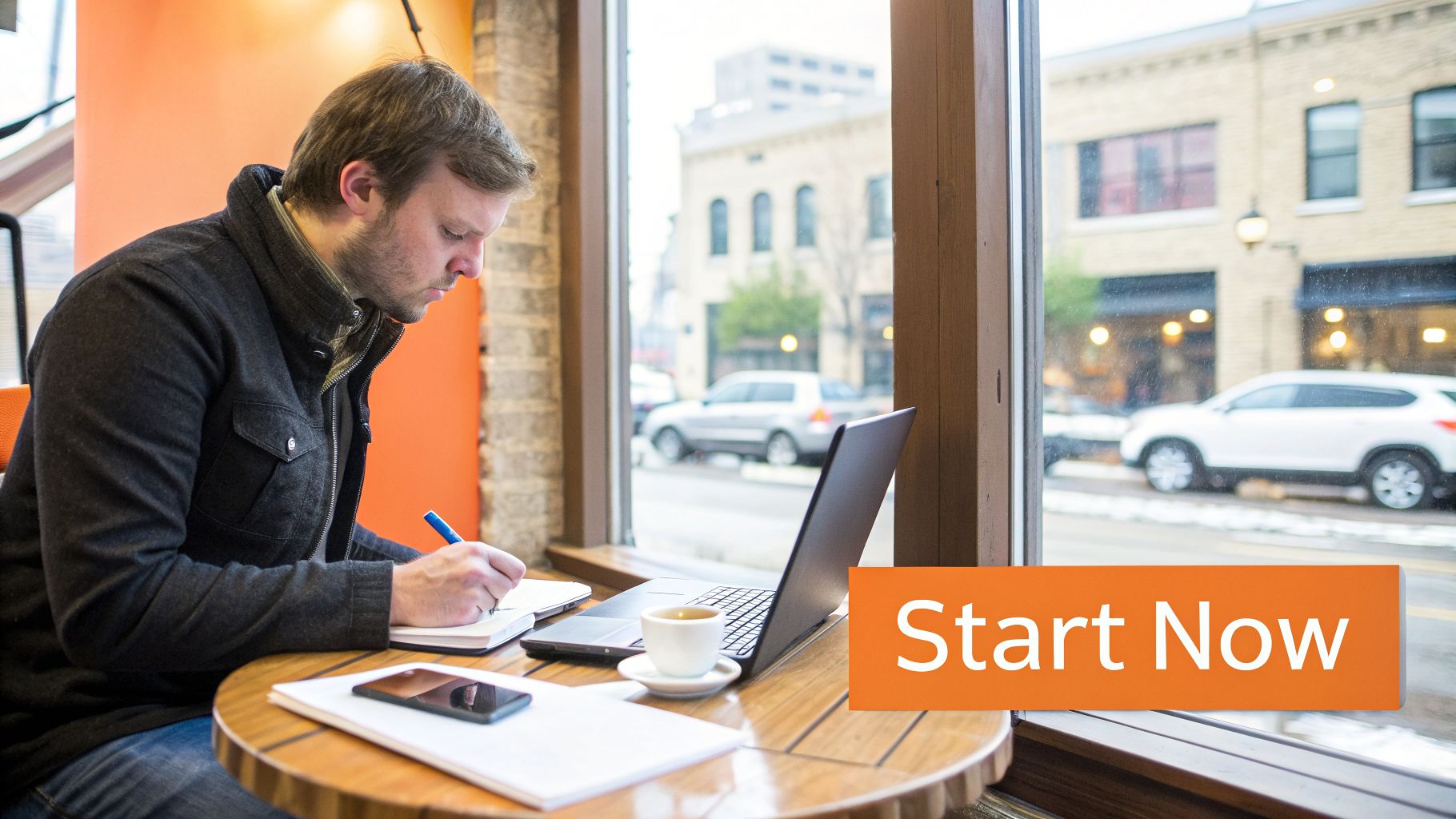 A man in a cafe writes in a notebook with a laptop and coffee, looking focused. Street scene visible outside.