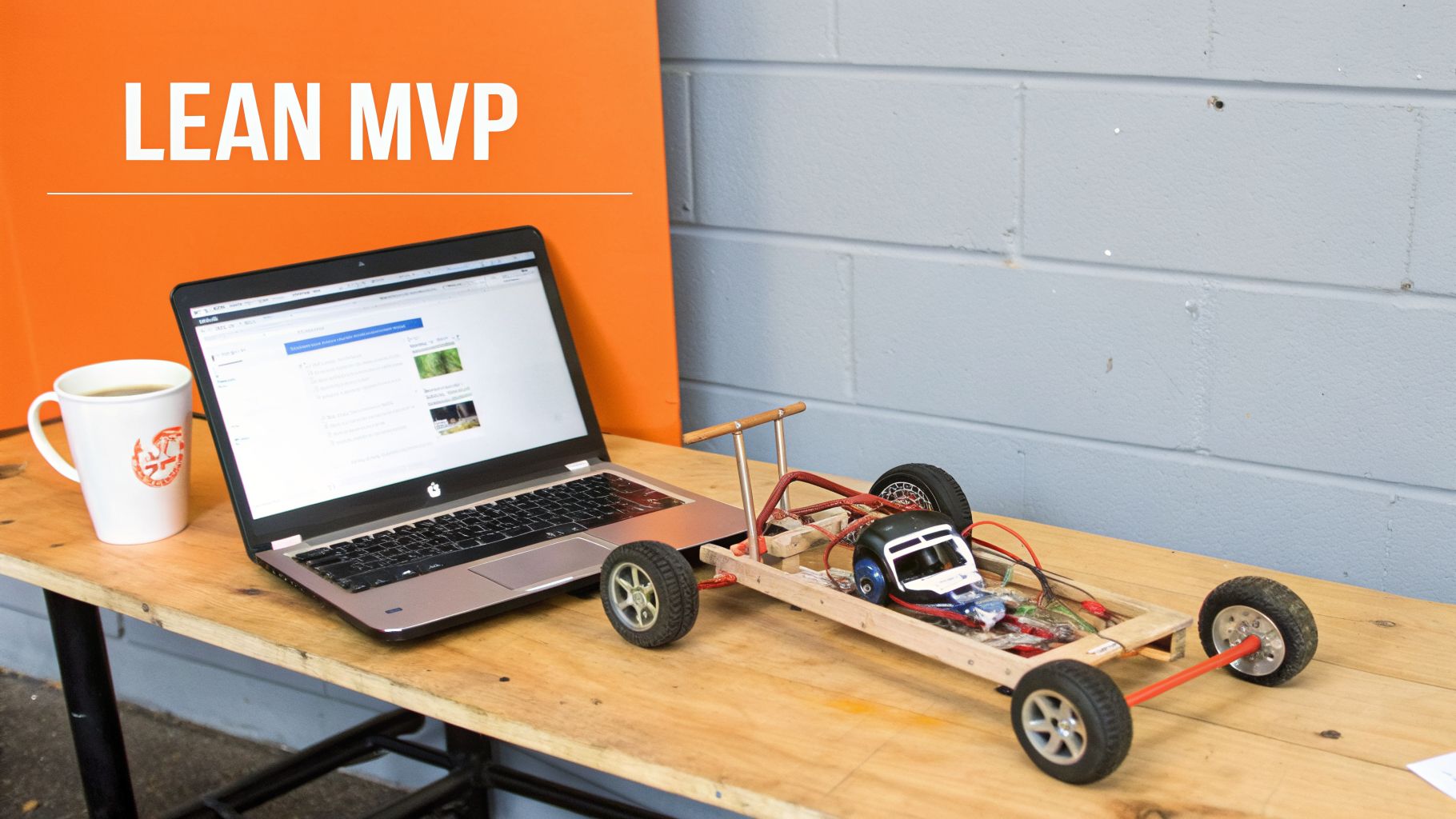 A laptop, coffee mug, and a DIY car prototype on a wooden table, with 'LEAN MVP' text.