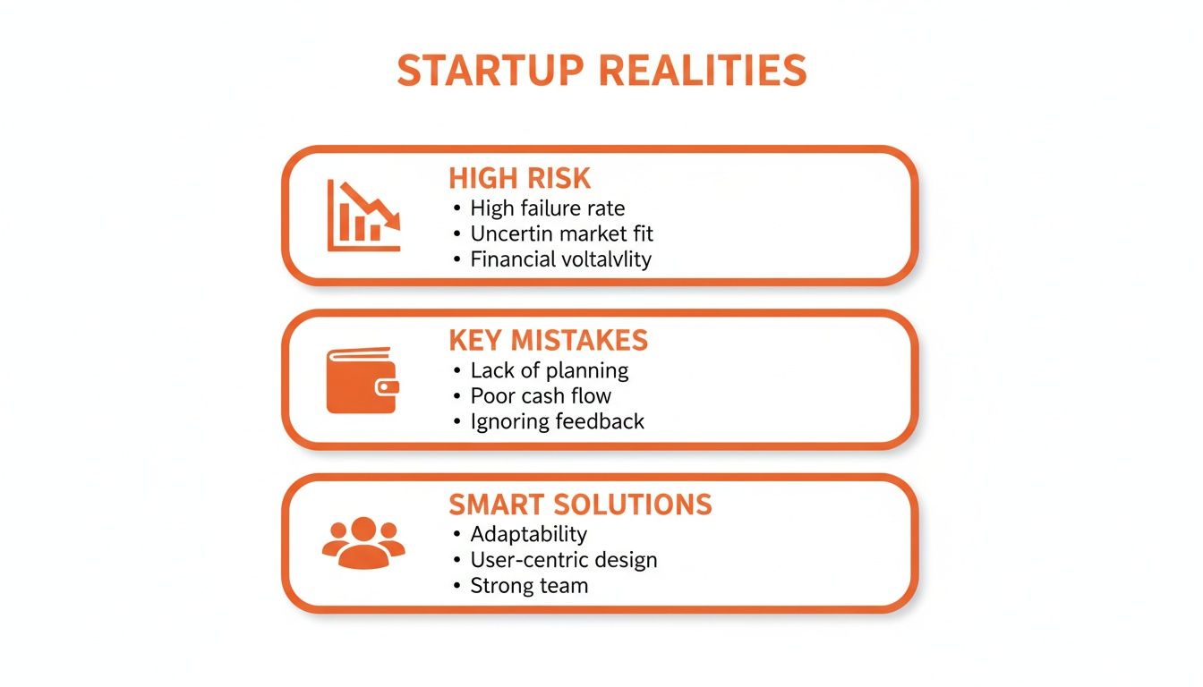 An infographic detailing startup realities, including high risks, common mistakes, and smart solutions.