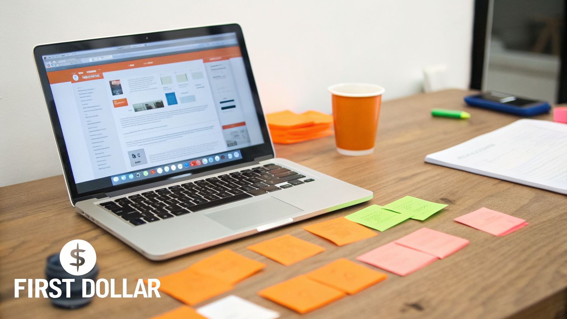 A productivity-focused workspace with a laptop, sticky notes, a coffee cup, and a smartphone on a wooden desk.