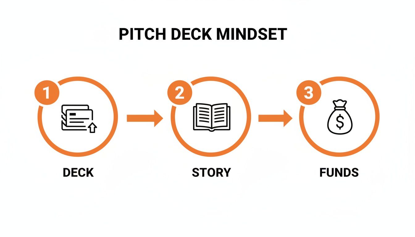 Diagram illustrating the Pitch Deck Mindset: Deck leads to Story, which leads to Funds.