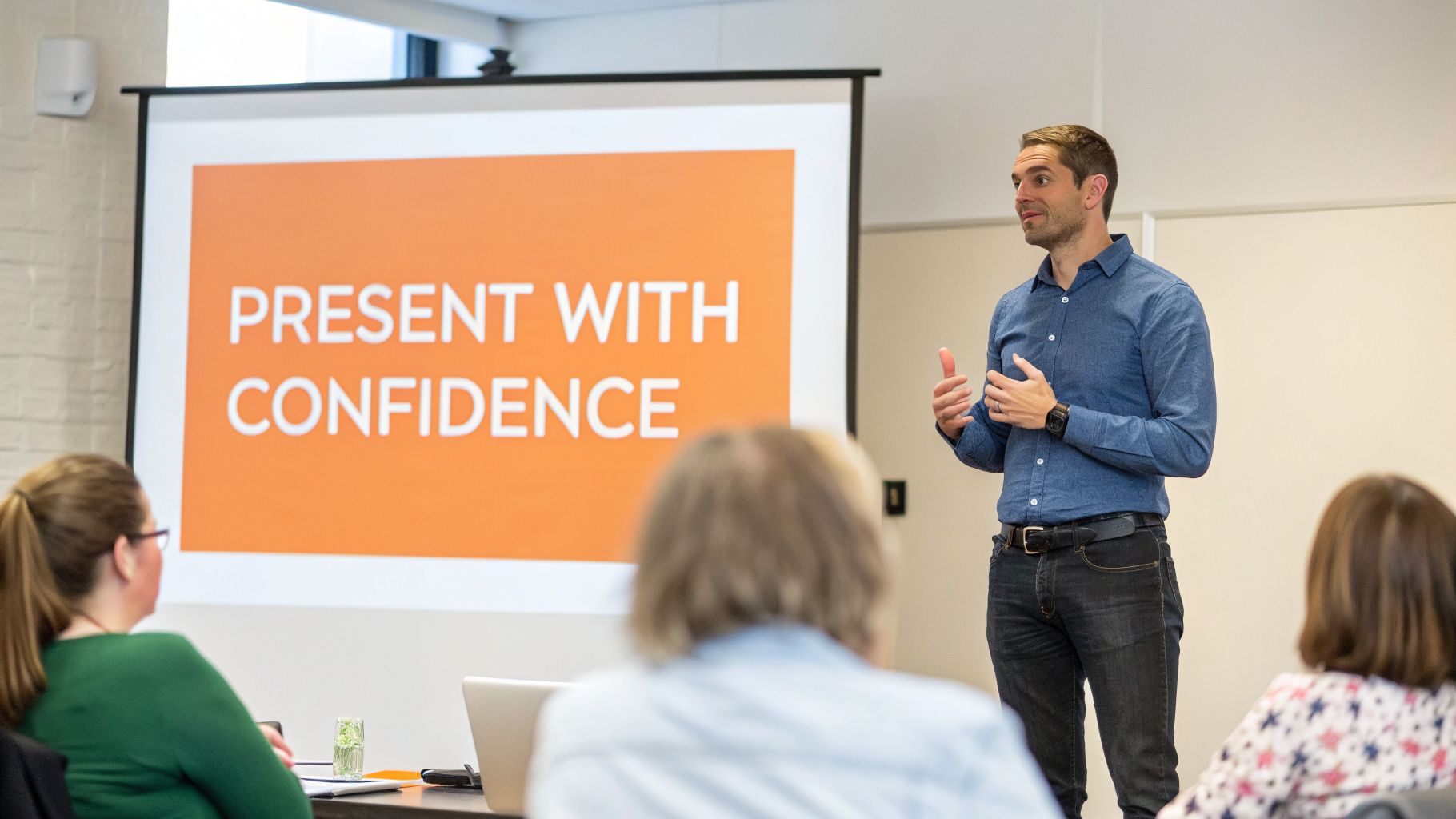 A man confidently presents to an audience with a projector screen displaying "PRESENT WITH CONFIDENCE."