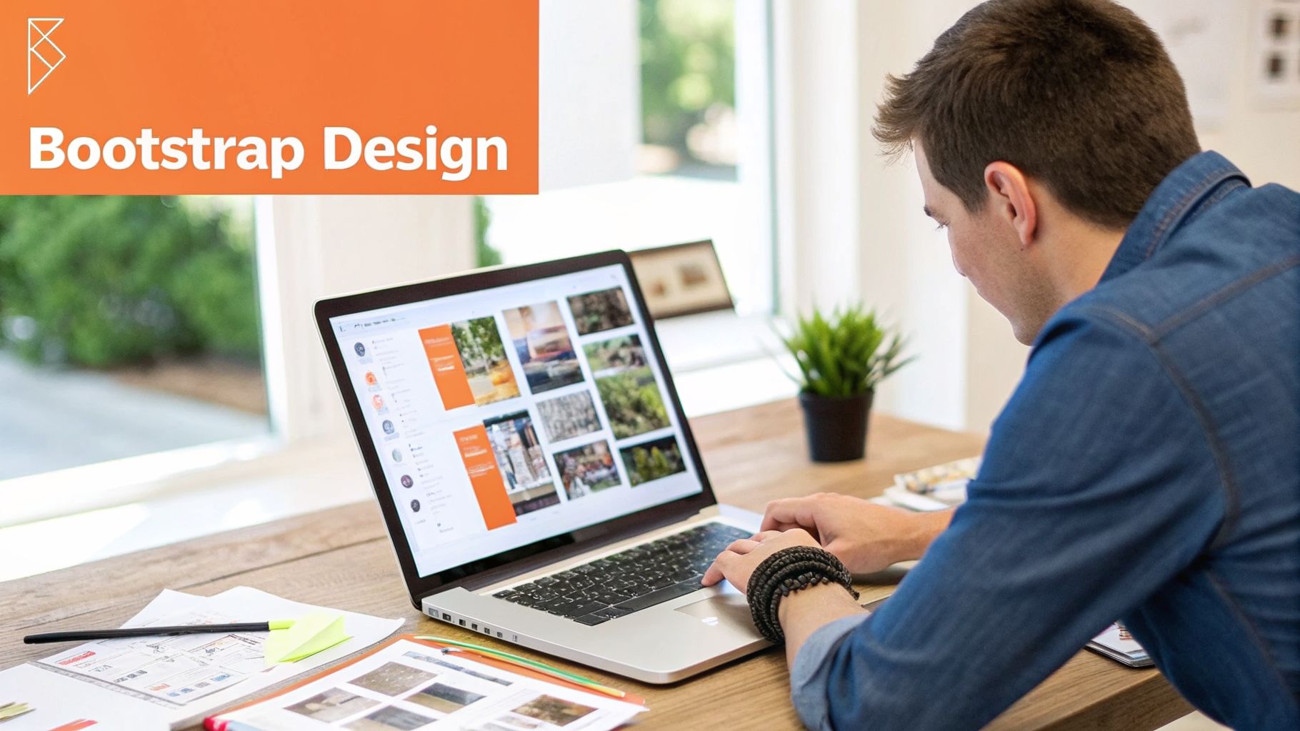A man working on a laptop displaying Bootstrap design, with documents and a plant on the desk.
