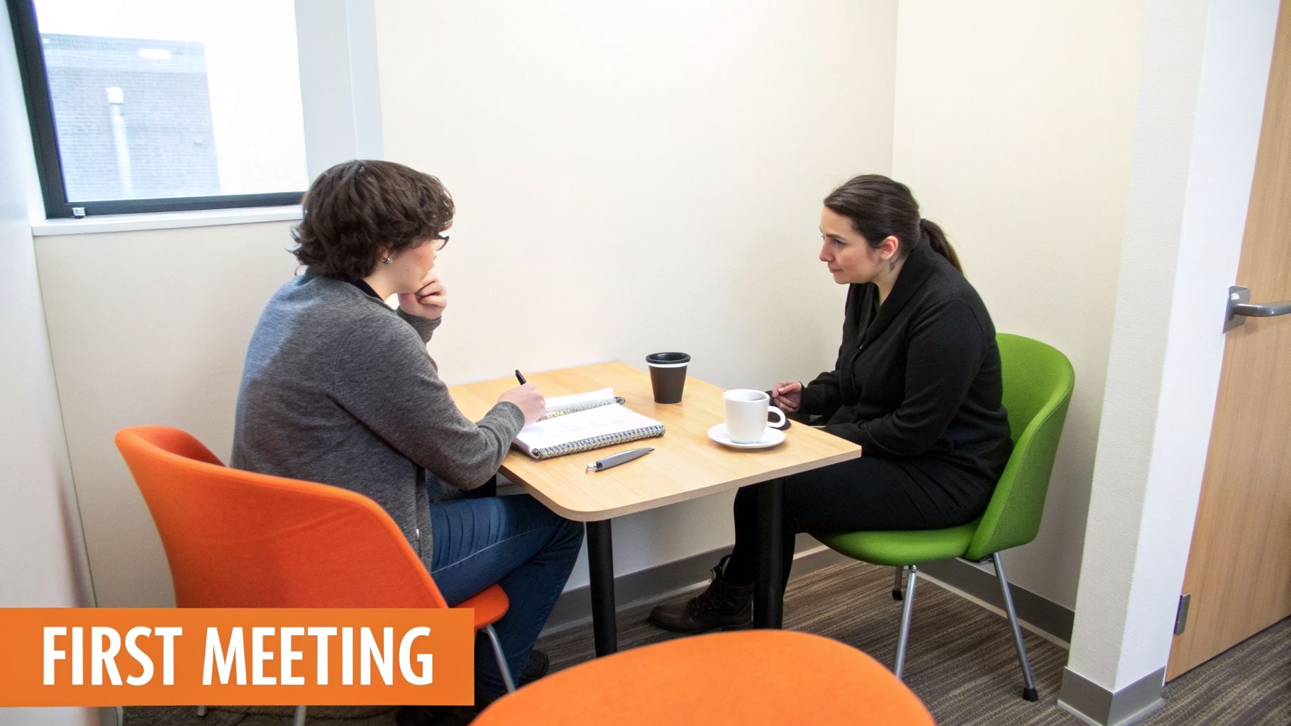 Two women having a business meeting at a small table, one writing notes in a notebook.
