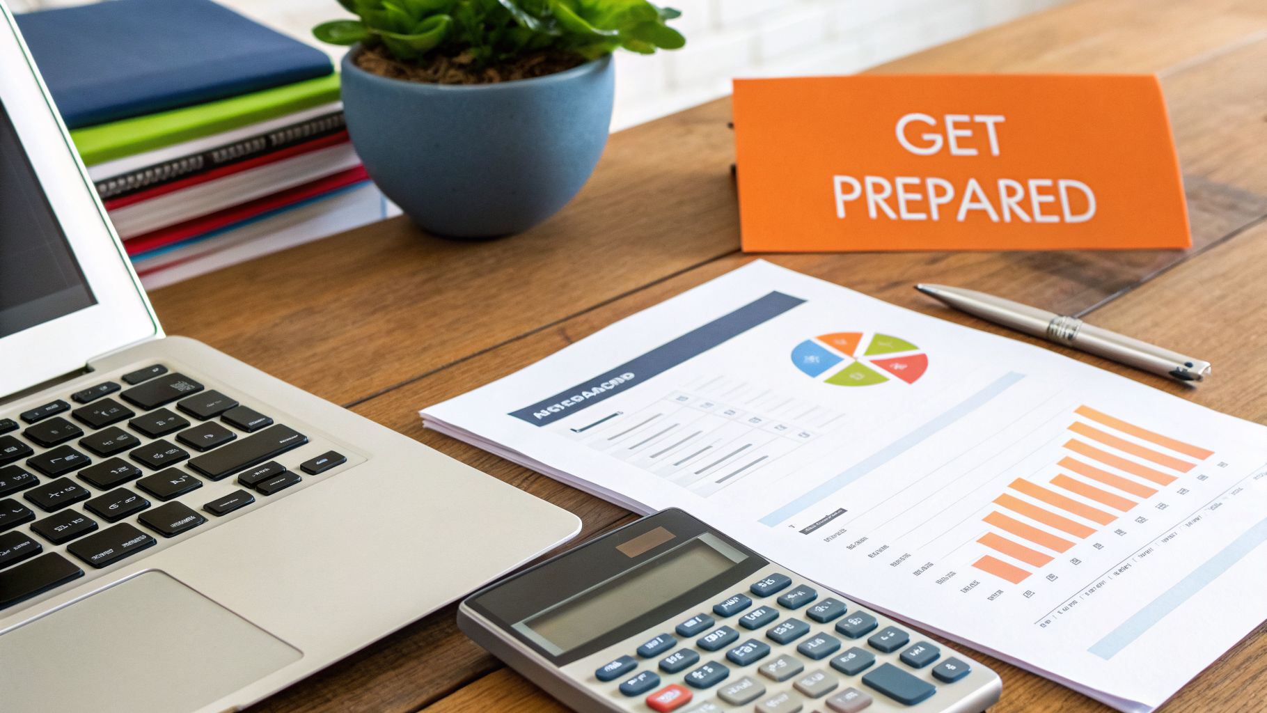 Desk setup with laptop, calculator, business charts, pen, plant, and a 'GET PREPARED' sign.
