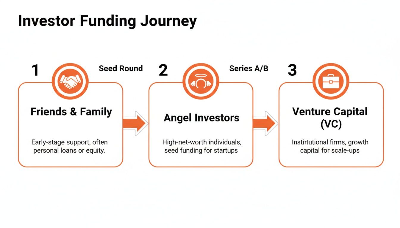 Diagram illustrating the investor funding journey, from friends & family to angel investors and venture capital.