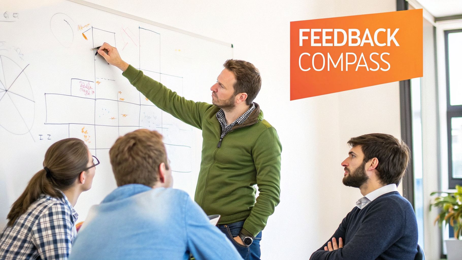 A man explains a diagram on a whiteboard to colleagues during a feedback session.