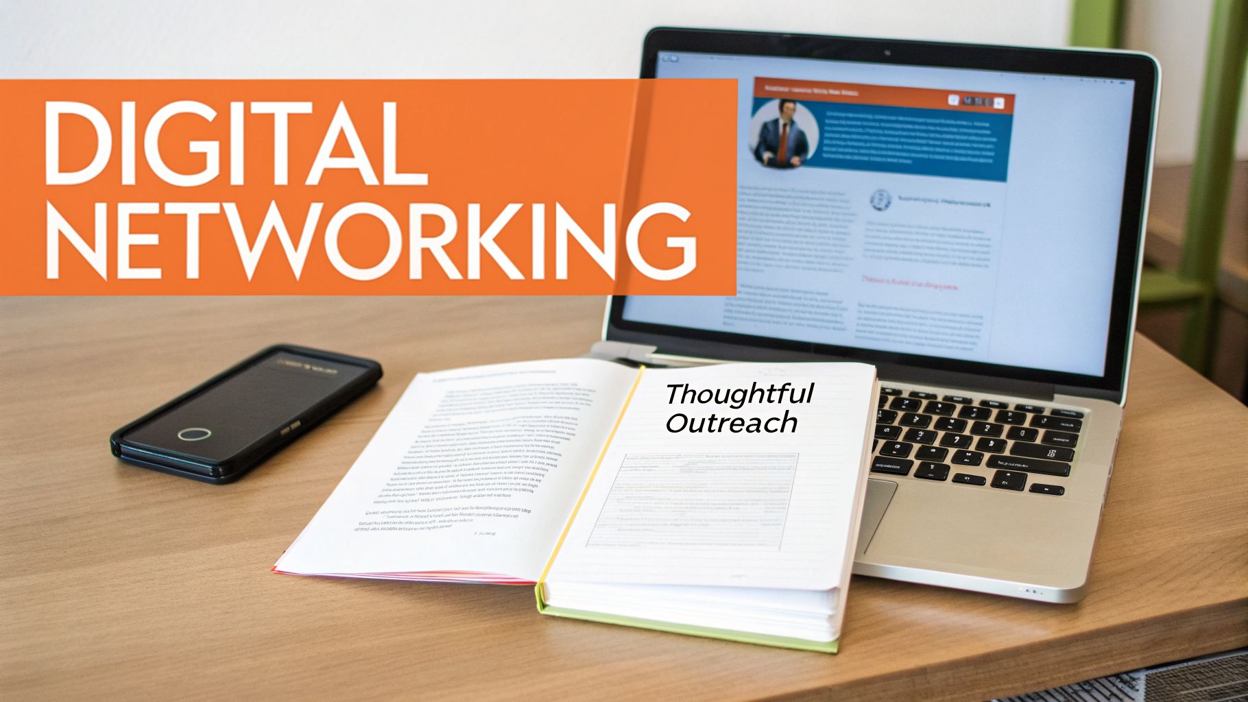 A setup for digital networking with a laptop, smartphone, and a notebook for thoughtful outreach.
