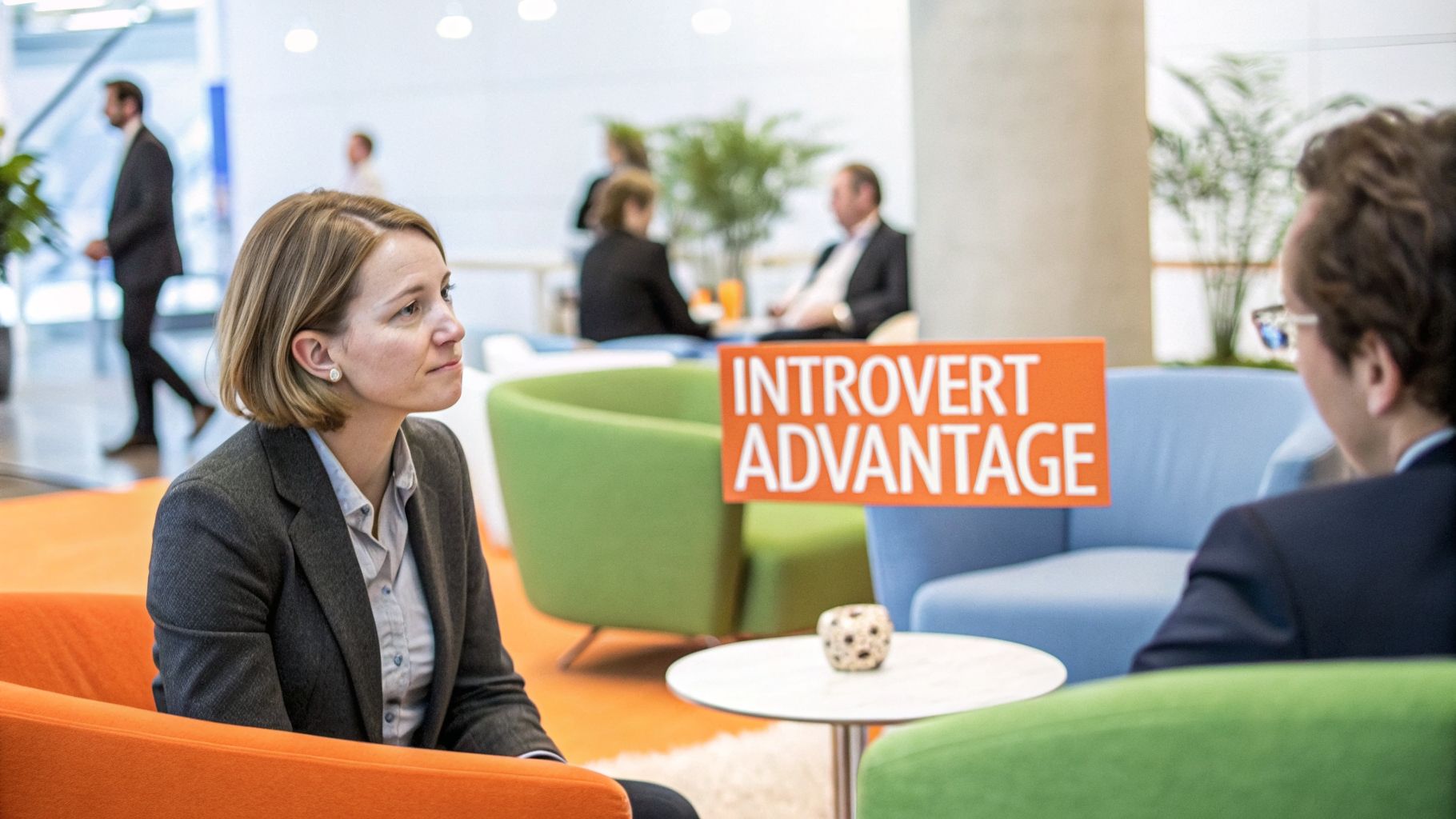 A woman in a modern office setting looks at an orange sign displaying "INTROVERT ADVANTAGE."