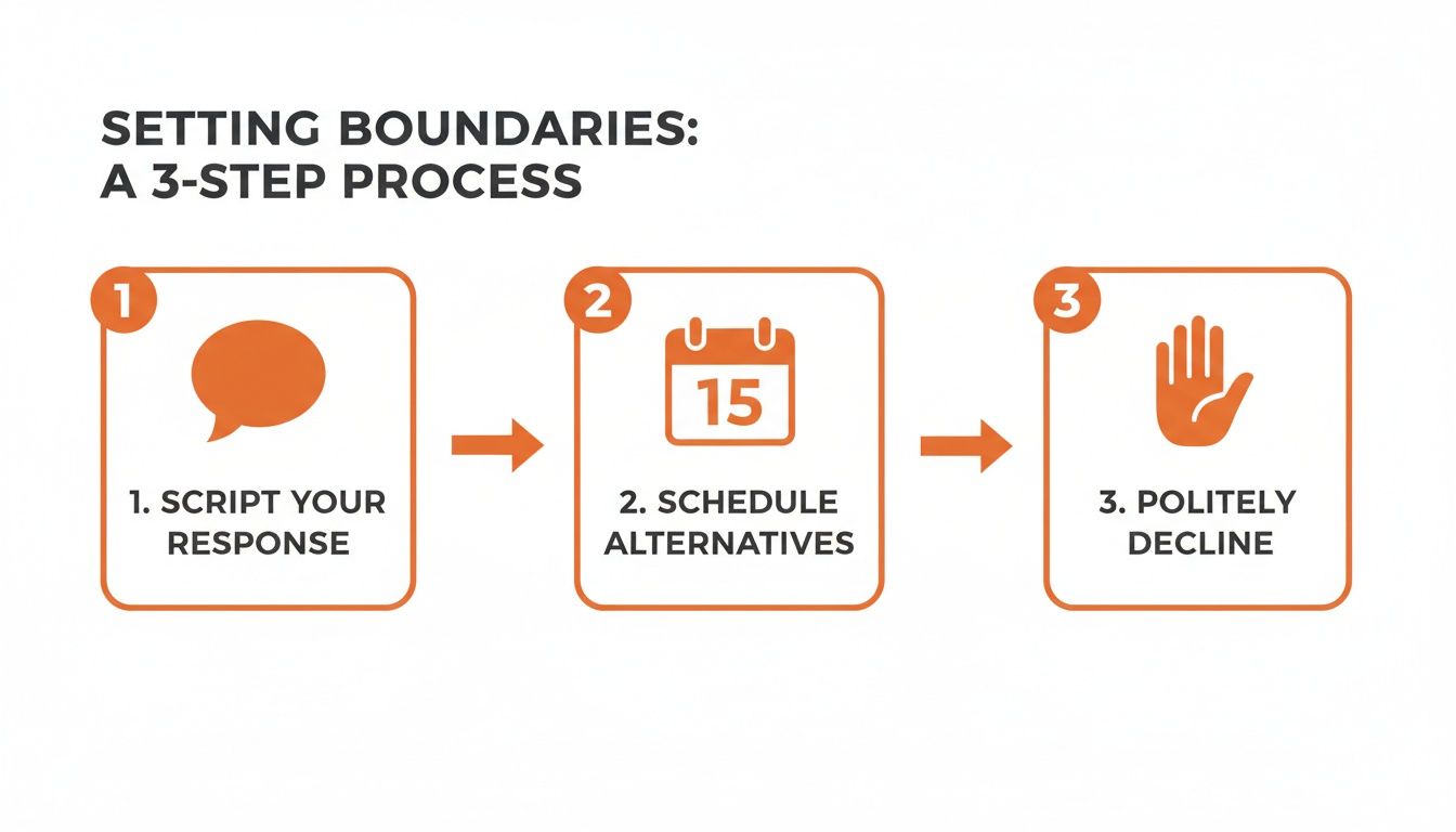 A 3-step process for setting boundaries: script response, schedule alternatives, politely decline.