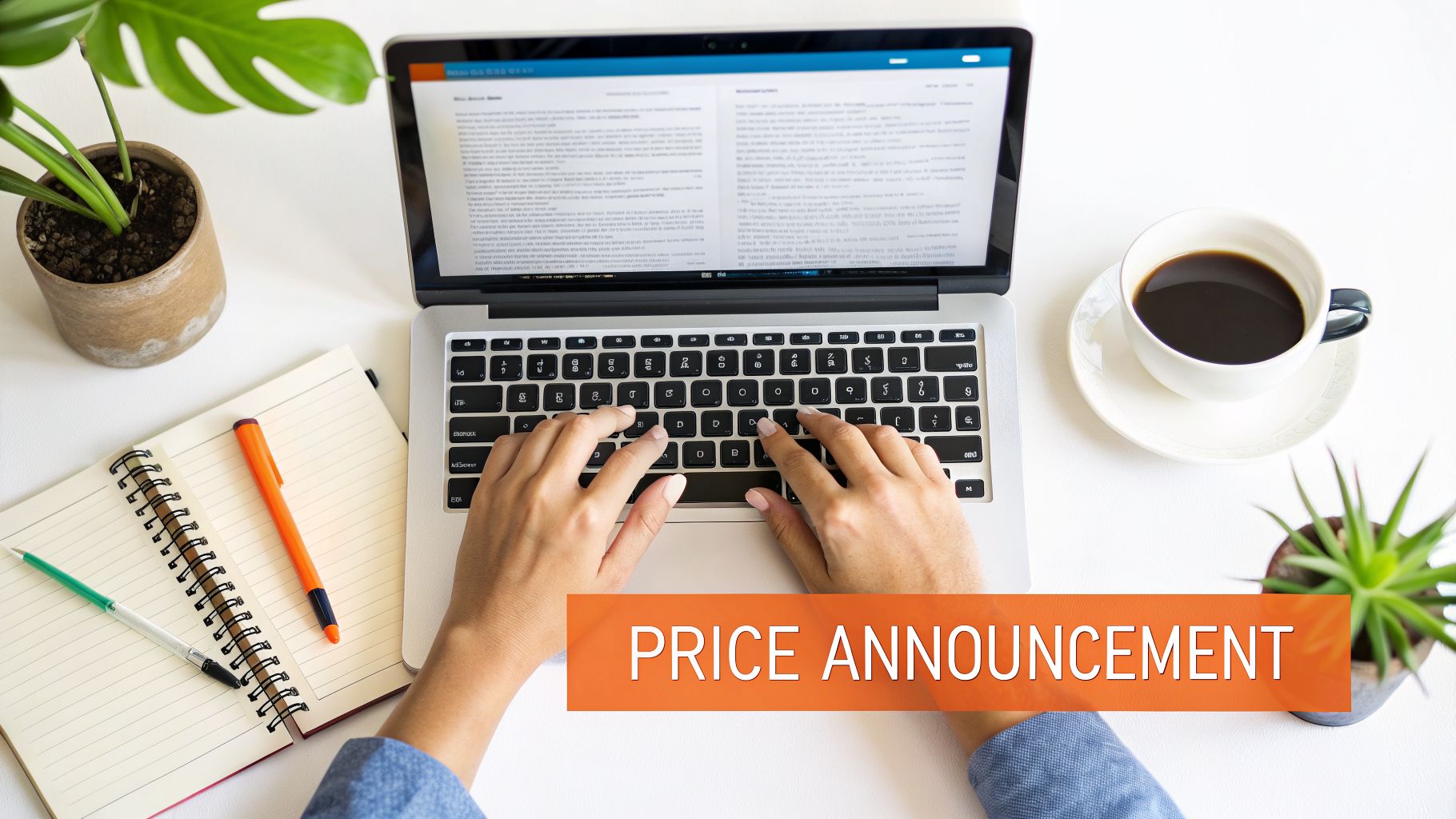 A person types on a laptop at a white desk with coffee, plants, and a notebook, displaying a 'PRICE ANNOUNCEMENT' banner.
