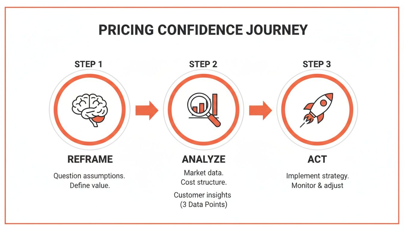 A three-step diagram illustrating the pricing confidence journey: Reframe, Analyze, and Act.