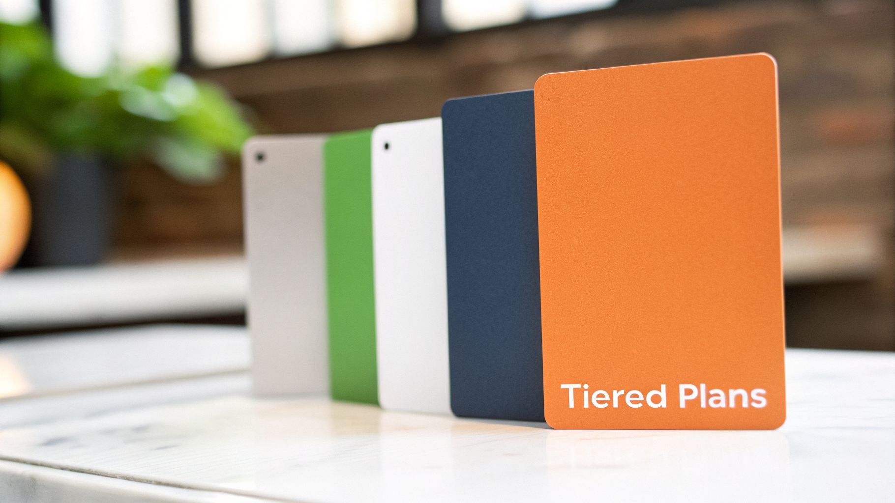 Five colorful cards stand upright on a table, the front orange card says "Tiered Plans".