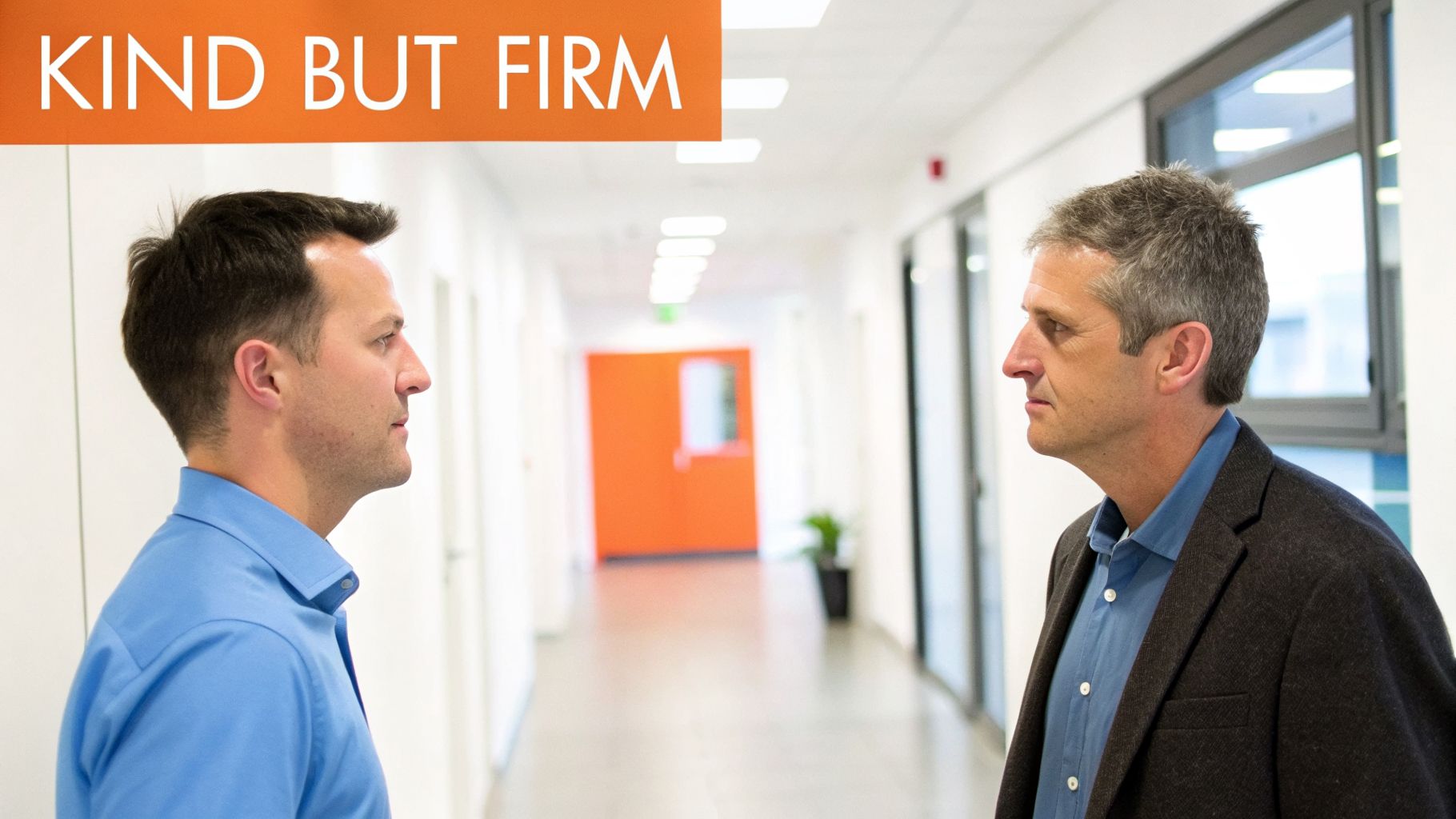 Two men in an office hallway, looking at each other, with 'KIND BUT FIRM' text above.
