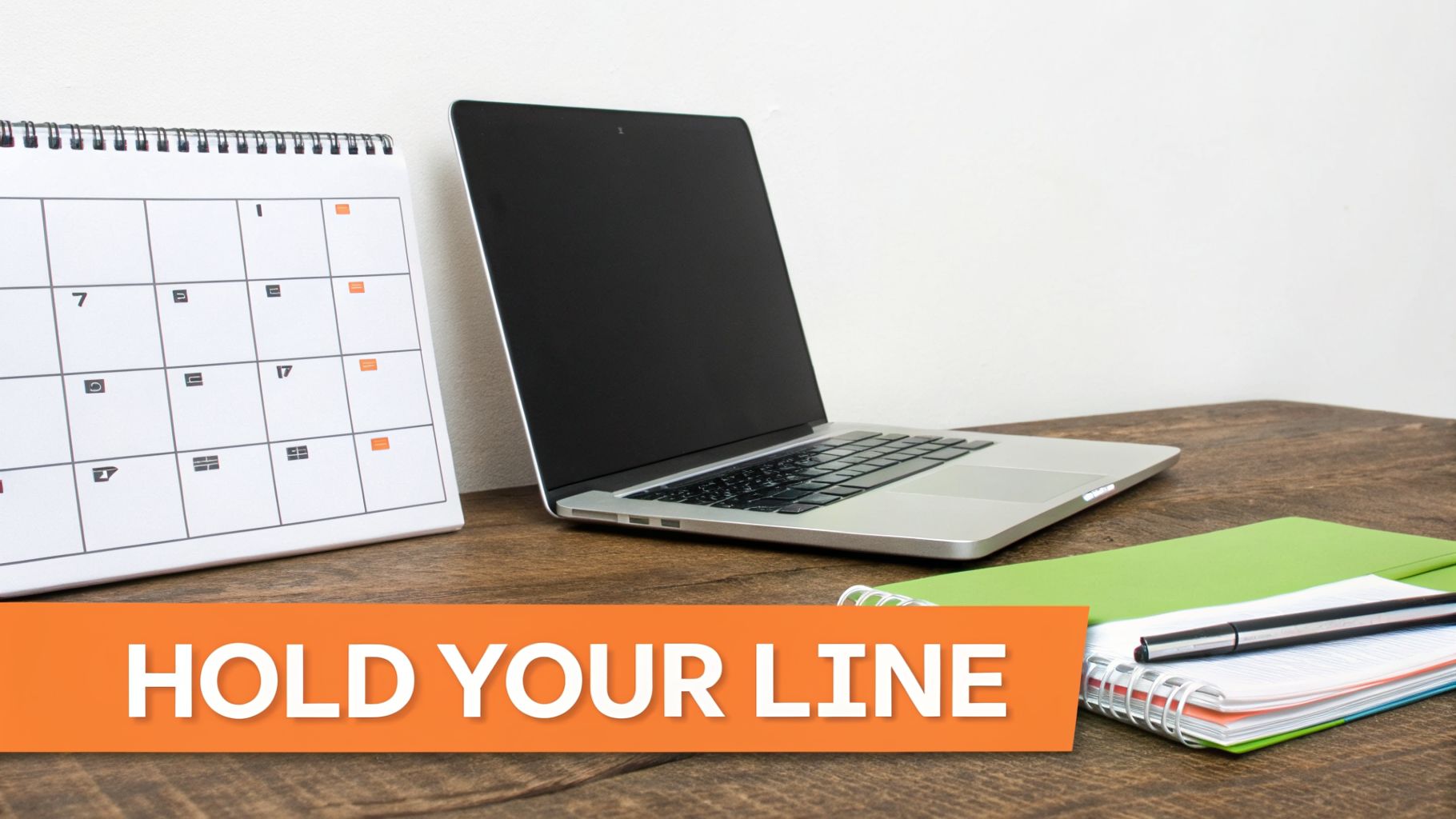 A clean workspace featuring a spiral-bound calendar, an open laptop, and a stack of notebooks with a pen.