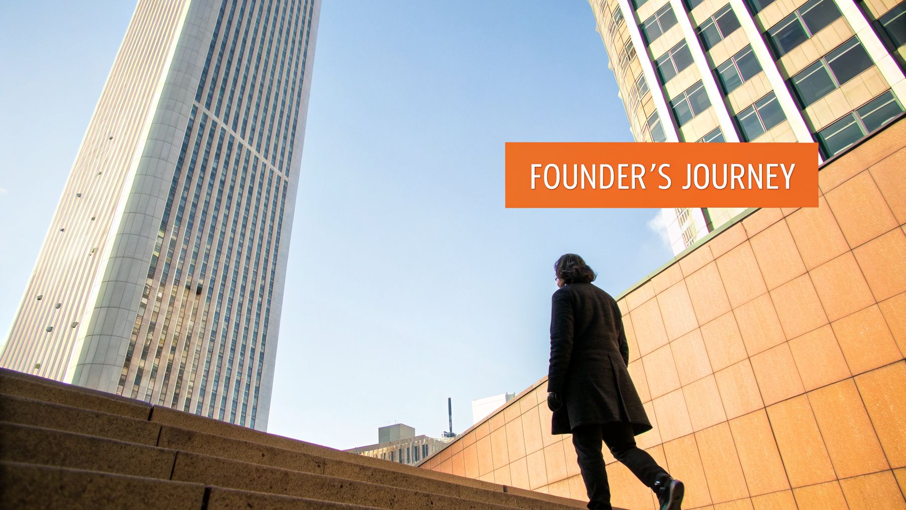 A person walks up steps towards modern skyscrapers under a blue sky, with 'FOUNDER'S JOURNEY' text.