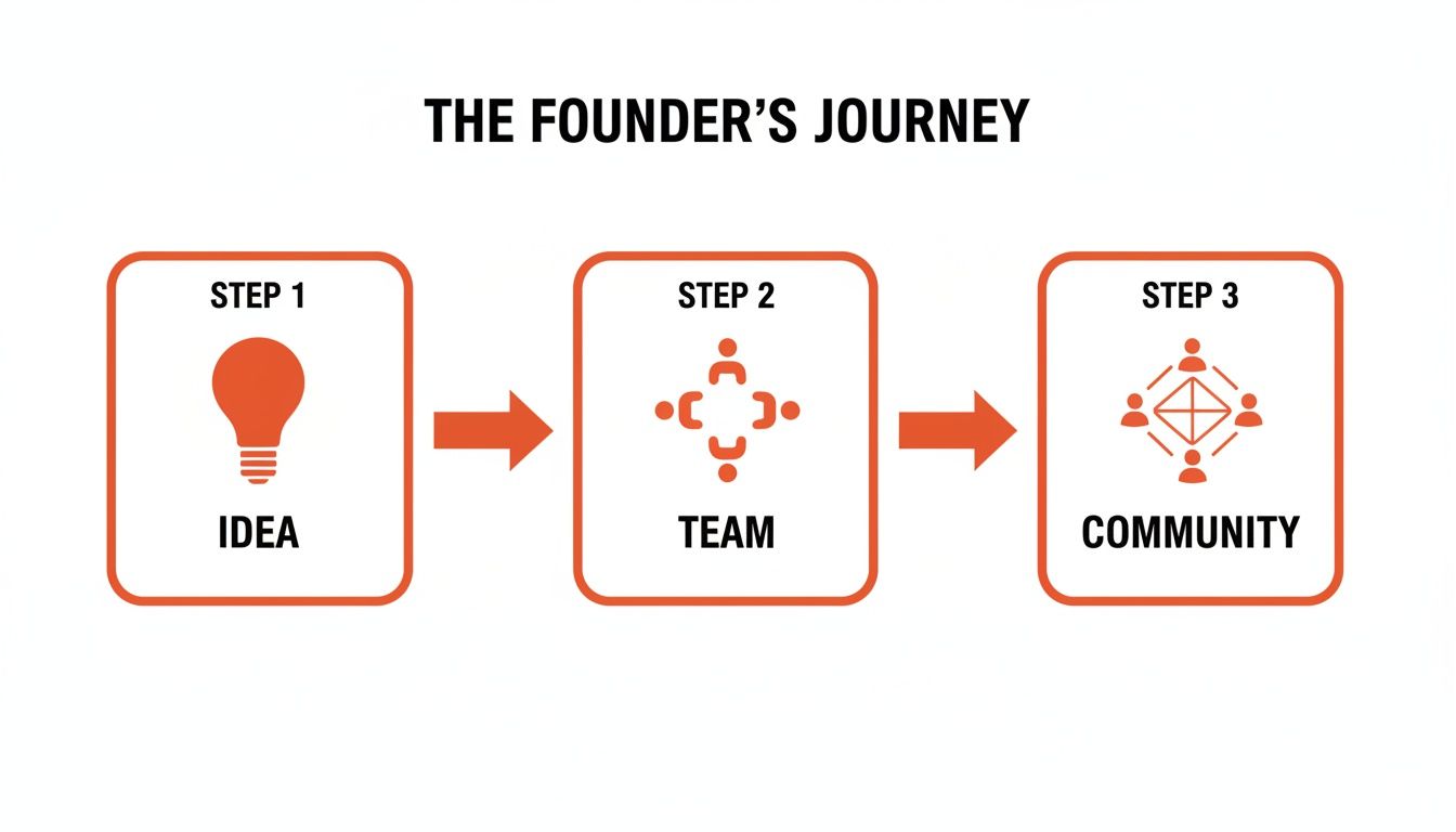 Infographic showing a founder's journey with three steps: Idea (lightbulb), Team (group of people), and Community (connected network of people).