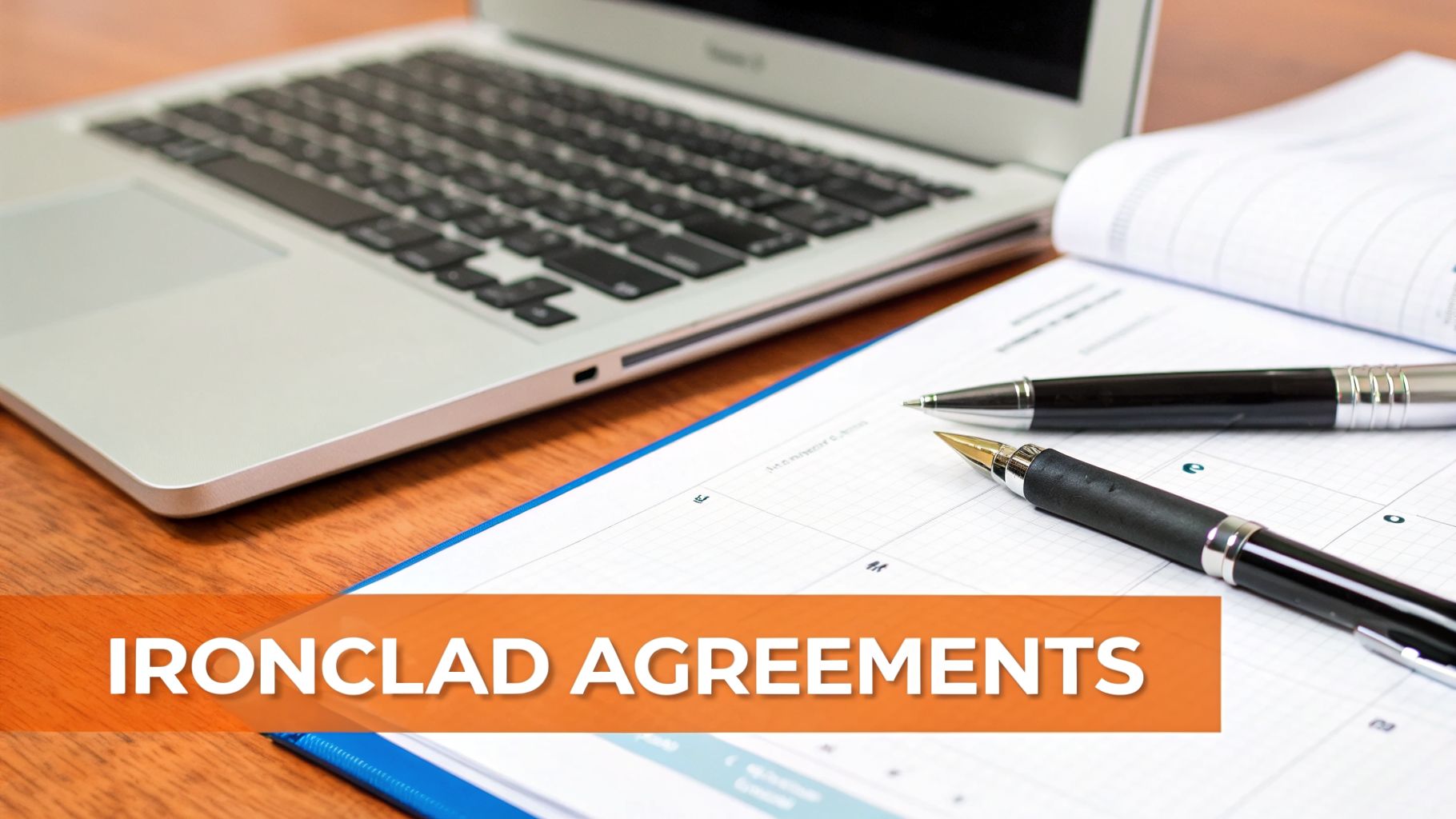 A laptop, open notebook, and two pens on a wooden desk with a banner reading 'IRONCLAD AGREEMENTS'.