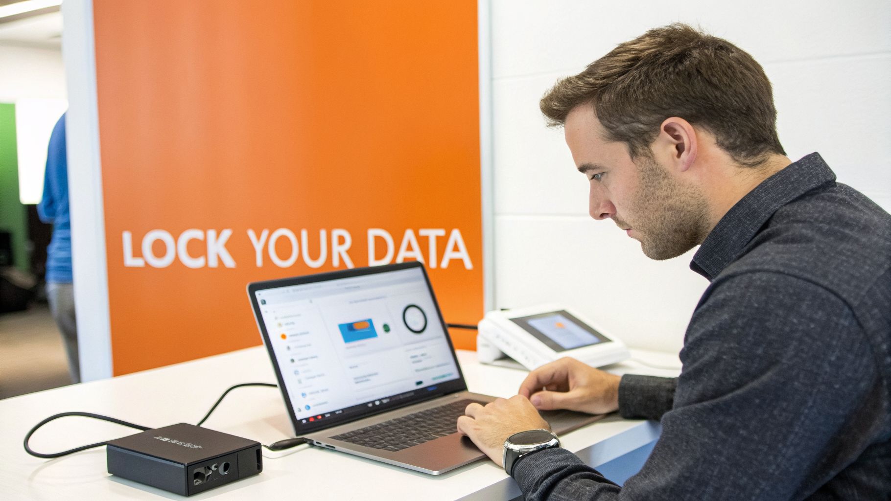 A man intently uses a laptop connected to an external device, with a "LOCK YOUR DATA" sign.