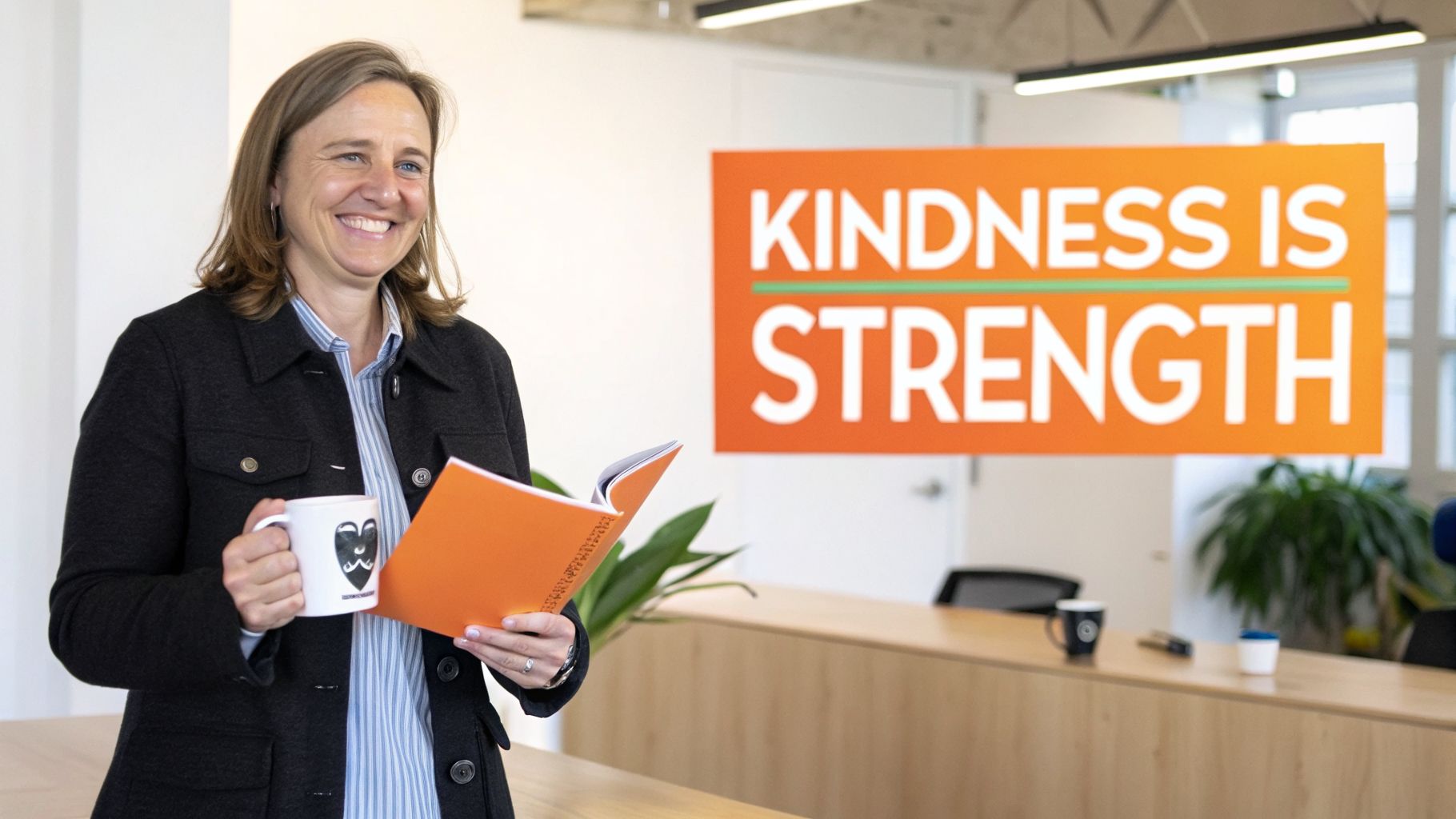 A smiling woman holding a mug and an orange notebook in an office with a 'Kindness is Strength' sign.