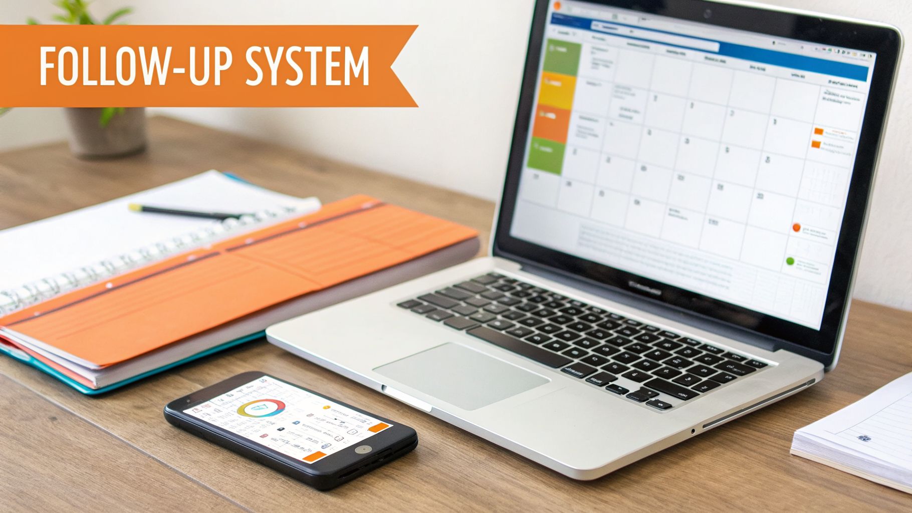 A desk with a laptop displaying a calendar, a smartphone, and notebooks, featuring a 'FOLLOW-UP SYSTEM' banner.