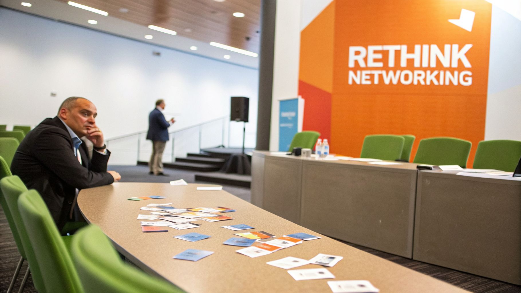 A man in a suit thoughtfully sits at a table with cards at a business networking event.