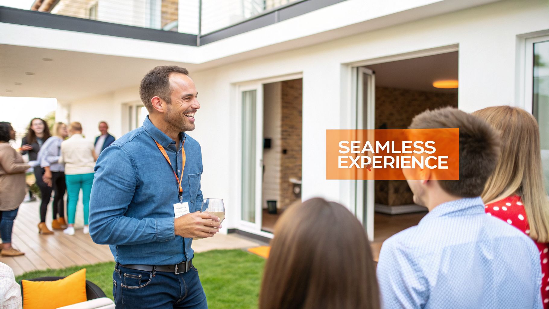 A man in a blue shirt smiles, holding a drink, while socializing with colleagues at an outdoor event.