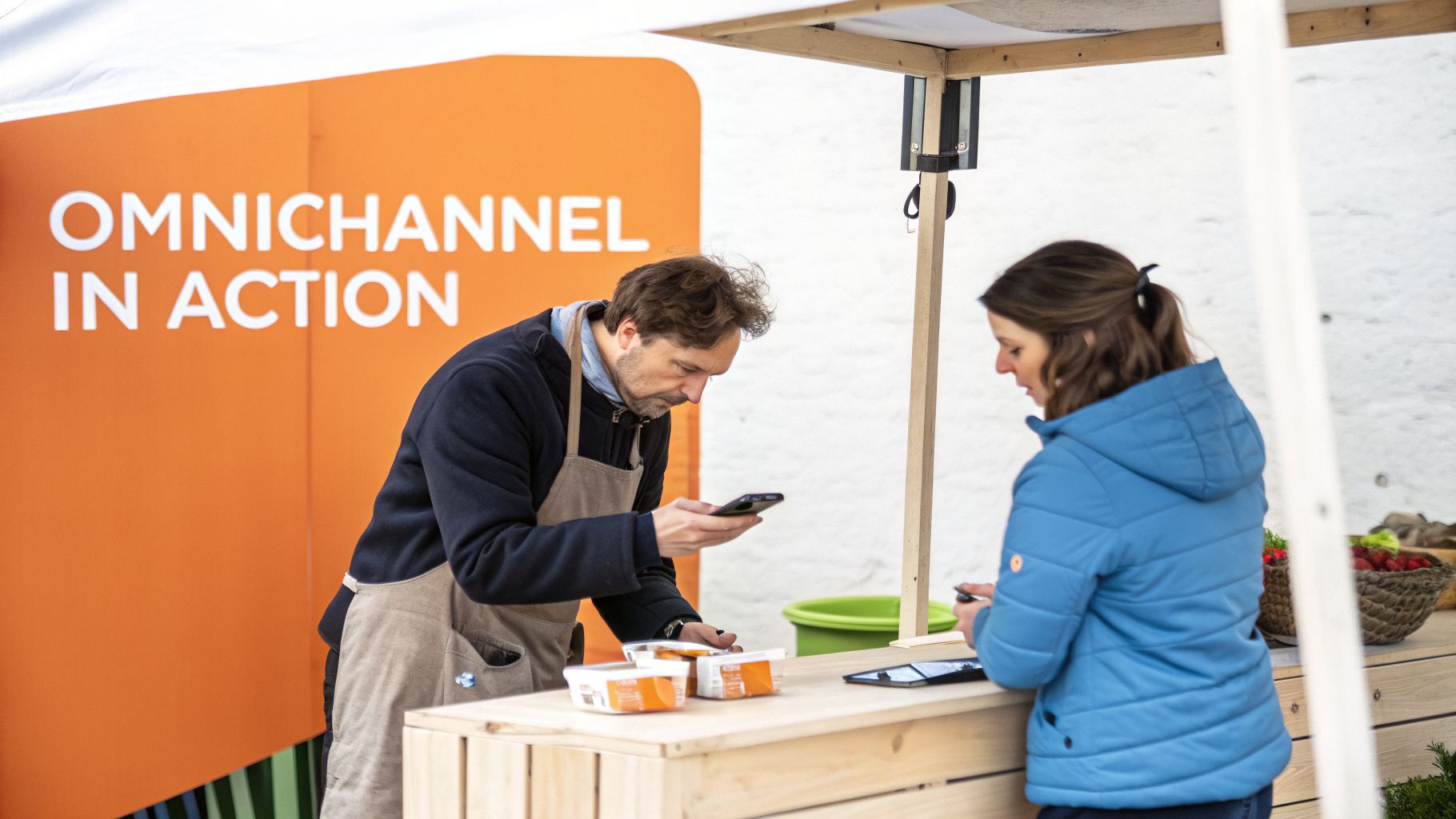 Two people demonstrate an omnichannel marketing strategy at a retail stall, using mobile devices.