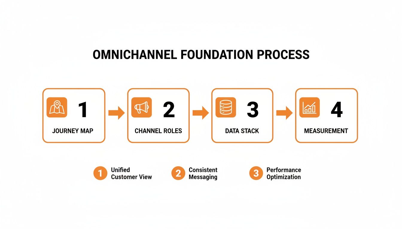 Omnichannel foundation process outlining four key steps: journey map, channel roles, data stack, and measurement.