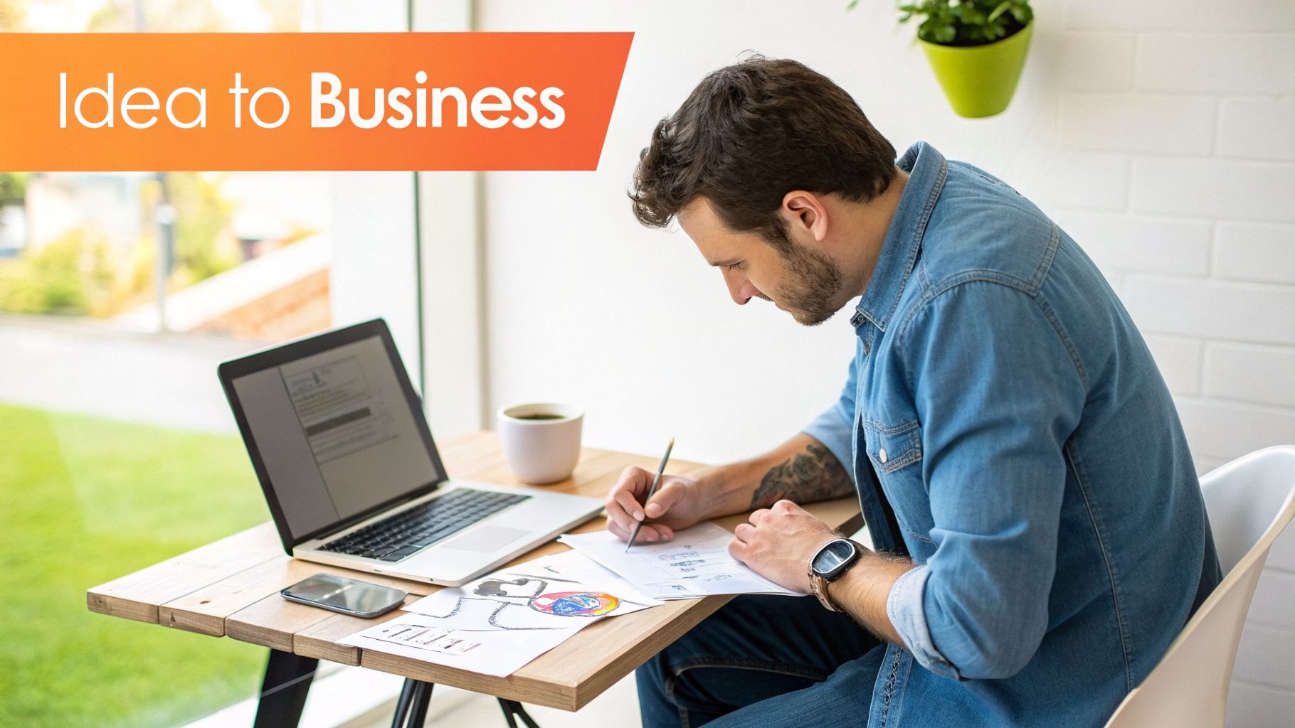 Young man sketching ideas on paper with a laptop and coffee at a bright desk.
