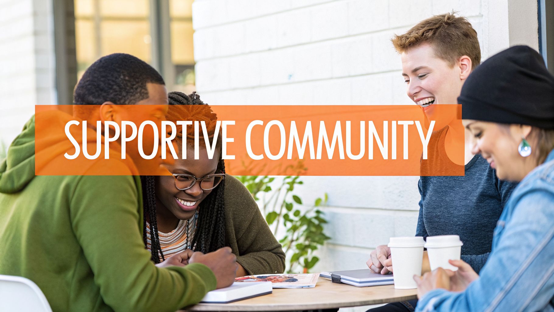 Diverse young adults laughing and learning together at a table, representing a supportive community.