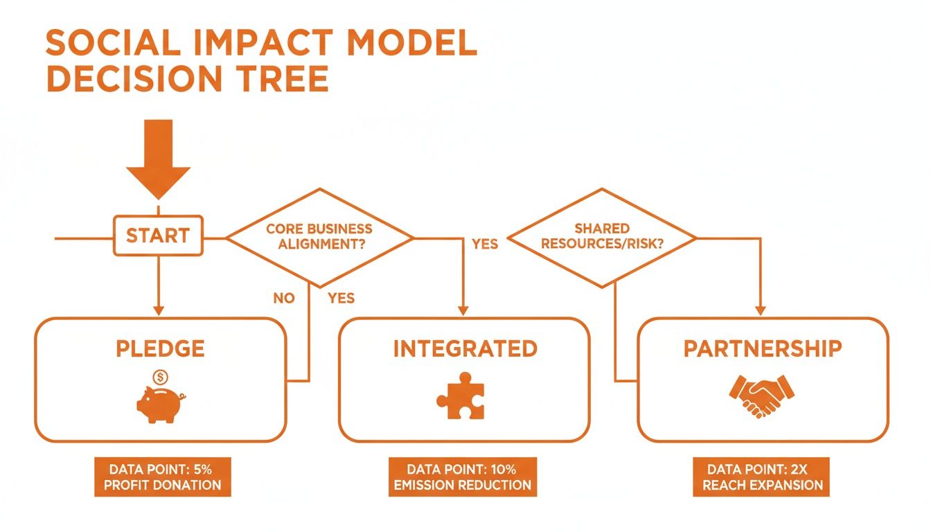 A flowchart visualizing a social impact model decision tree for determining business strategies and potential outcomes.