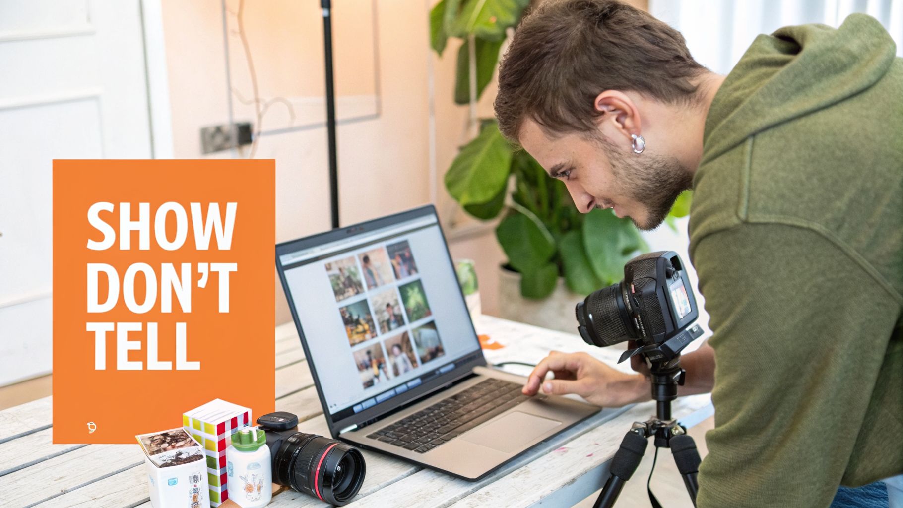 Man reviews photos on a laptop, with a camera and a "SHOW DON'T TELL" poster in a creative workspace.